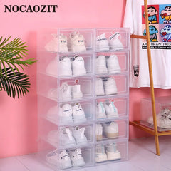 6pcs/Set Fold Plastic Shoes Case Thickened Transparent Drawer Case Plastic Shoe Boxes Stackable Box Shoe Organizer Shoebox